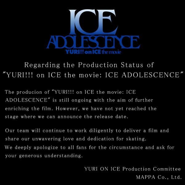 Communiqué du studio Mappa à propos du film Yuri on Ice : Ice adolescence
